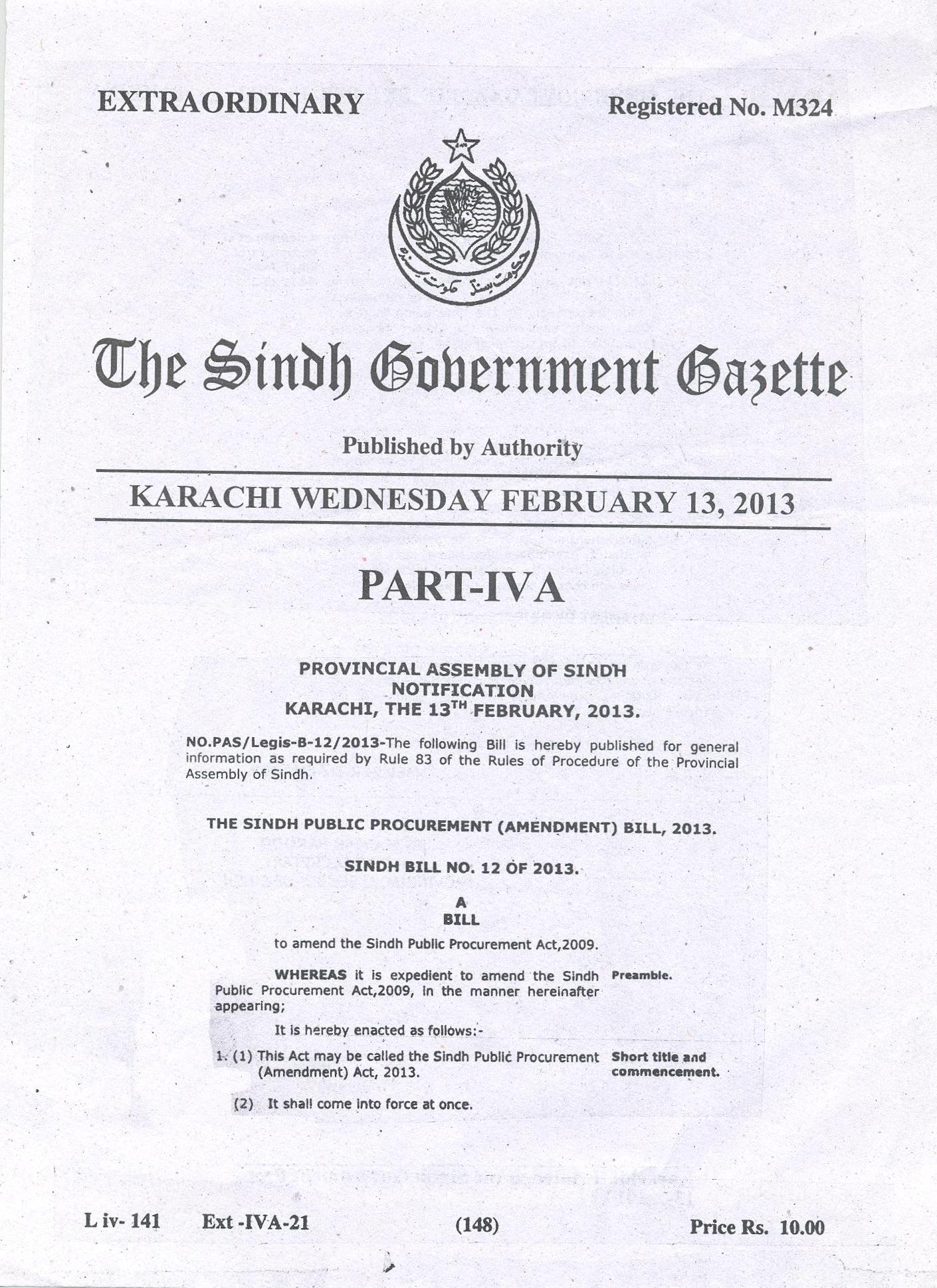 GAZETTE Page No.1, SPPRA SINDH PUBLIC PROCUREMENT REGULATORY AUTHORITY